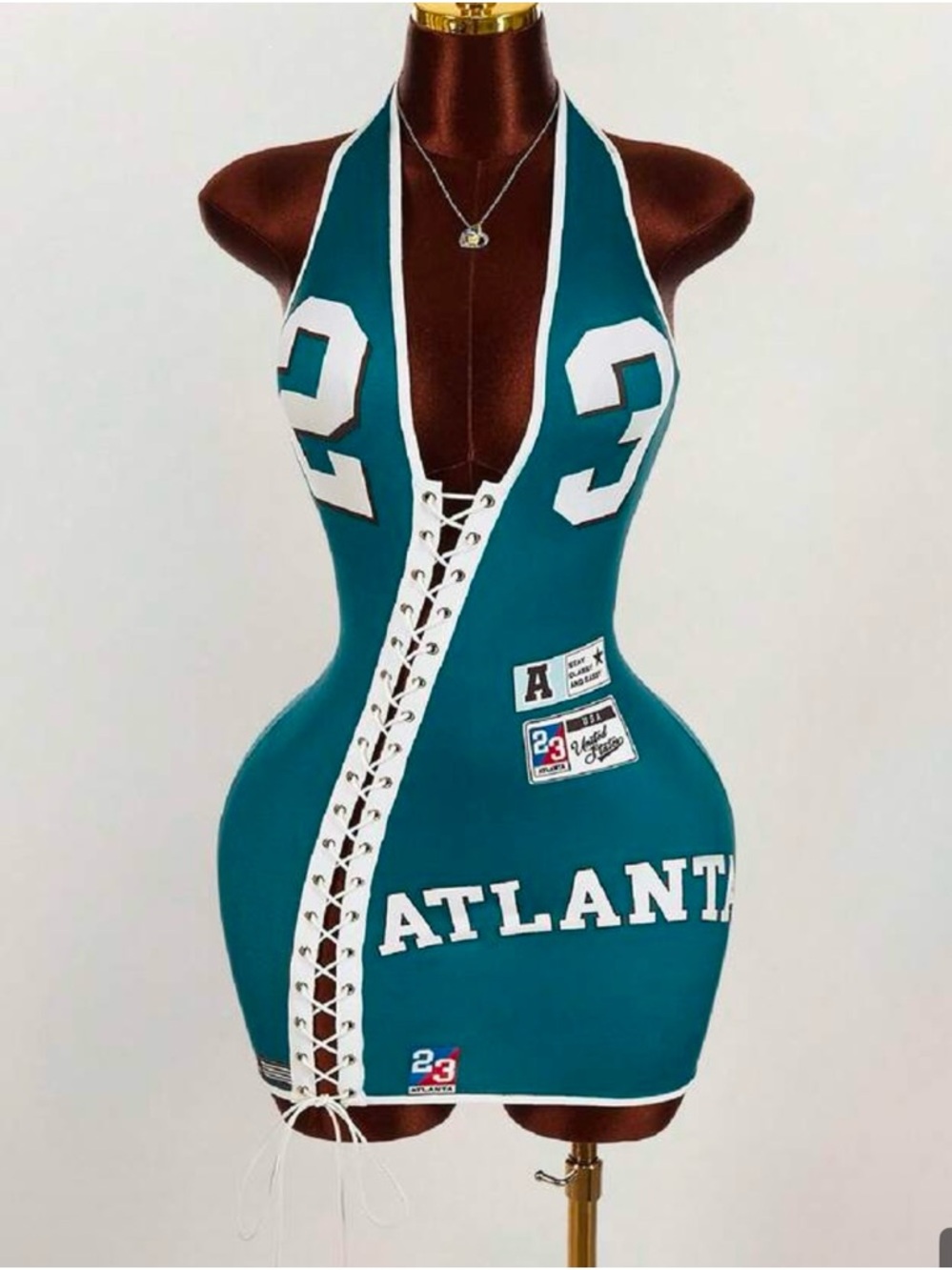 Teal Lace-Up Halter Mini Dress with Athletic Patch